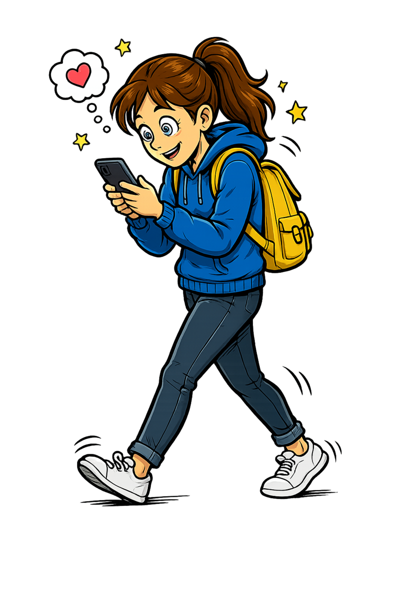 Junge Frau schaut im Gehen auf ihr Smartphone