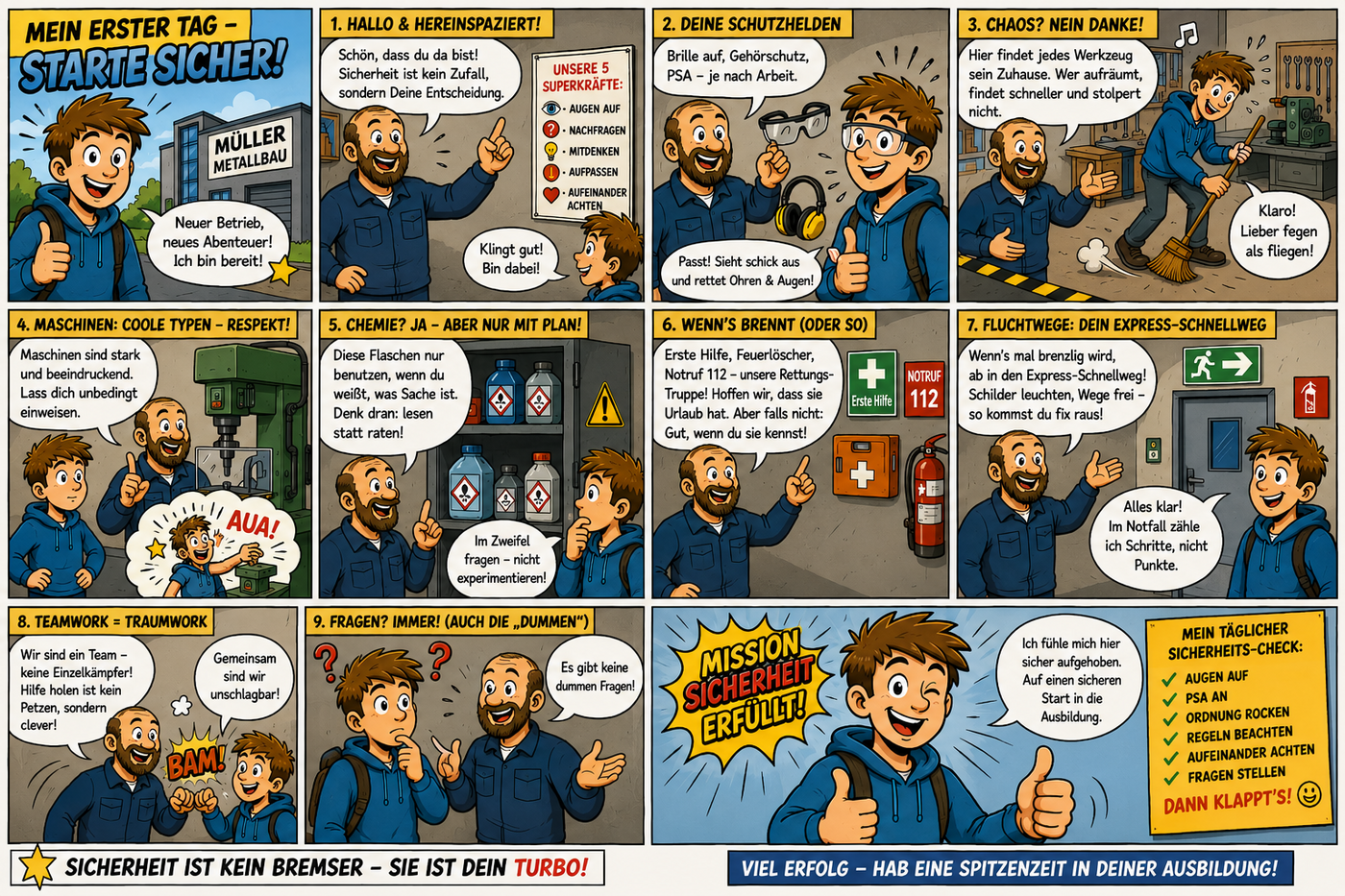 Der Comic zeigt in farbigem Manga-Stil den ersten Arbeitstag einer jungen Auszubildenden in einem Metallbau-Betrieb. Die Hauptfigur ist eine fröhliche junge Frau mit braunen Haaren im Pferdeschwanz, großer Mimik und typischen Manga-Augen. Sie trägt einen dunklen Hoodie und einen Rucksack. Der Comic besteht aus mehreren Panels mit dynamischen Bewegungslinien, kräftigen schwarzen Konturen und humorvollen Sprechblasen.  Im ersten Bild steht die Auszubildende vor dem Firmengebäude „Müller Metallbau“ und freut sich auf ihren ersten Arbeitstag. Der Titel lautet „Mein erster Tag – Starte sicher!“.  Beim Betriebsrundgang erklärt ihr ein freundlicher Ausbilder mit Bart wichtige Sicherheitsregeln. In einer Szene sagt er: „Sicherheit ist kein Zufall, sondern Deine Entscheidung.“ Neben ihm hängt ein Plakat mit Sicherheitsregeln wie „Augen auf“, „Nachfragen“ und „Aufeinander achten“.  Danach zeigt der Comic persönliche Schutzausrüstung. Die Auszubildende trägt eine Schutzbrille und Gehörschutz. Der Ausbilder erklärt, dass je nach Arbeit passende PSA getragen werden muss. Die junge Frau reagiert begeistert und humorvoll.  In einem weiteren Panel räumt die Auszubildende die Werkstatt auf. Werkzeuge hängen ordentlich an der Wand. Der Hinweis lautet, dass Ordnung hilft, schneller zu arbeiten und Stolperfallen zu vermeiden. Bewegungslinien und kleine Soundeffekte wie „Swisch!“ sorgen für einen lustigen Manga-Effekt.  An einer großen Maschine erklärt der Ausbilder, dass Maschinen zwar beeindruckend sind, man sich aber unbedingt einweisen lassen muss. In einer kleinen humorvollen Gedankenblase sieht man die Auszubildende beim wilden Luftgitarren-Spielen statt an der Maschine zu arbeiten.  Ein weiteres Bild zeigt Regale mit Chemikalienflaschen und Gefahrensymbolen. Der Ausbilder erklärt, dass man solche Stoffe nur benutzen darf, wenn man weiß, was man tut.  Danach werden Notfall-Einrichtungen gezeigt: ein Erste-Hilfe-Kasten, ein Feuerlöscher und ein Notrufschild mit der Nummer 112. Der Ausbilder erklärt, wo sich die Rettungsmittel befinden.  Im nächsten Panel zeigt er einen Fluchtweg mit grünem Rettungsschild. Die Auszubildende sagt scherzhaft: „Im Notfall zähle ich Schritte, nicht Punkte.“  Ein weiteres Bild thematisiert Teamarbeit. Der Ausbilder erklärt, dass Hilfe holen kein Petzen ist. Beide stoßen lachend die Fäuste zusammen, begleitet von einem comicartigen „BÄM!“.  Zum Schluss geht es darum, Fragen zu stellen. Die Auszubildende schaut nachdenklich, während der Ausbilder erklärt: „Es gibt keine dummen Fragen!“  Im großen Abschlussbild lächelt die Auszubildende selbstbewusst in die Kamera und zeigt einen Daumen nach oben. Neben ihr steht: „Ich fühle mich hier sicher aufgehoben. Auf einen sicheren Start in die Ausbildung.“ Daneben befindet sich eine humorvolle Sicherheits-Checkliste mit Punkten wie „PSA an“, „Ordnung rocken“ und „Fragen stellen“.  Am unteren Rand des Comics steht der Slogan: „Sicherheit ist kein Bremser – sie ist dein Turbo!“